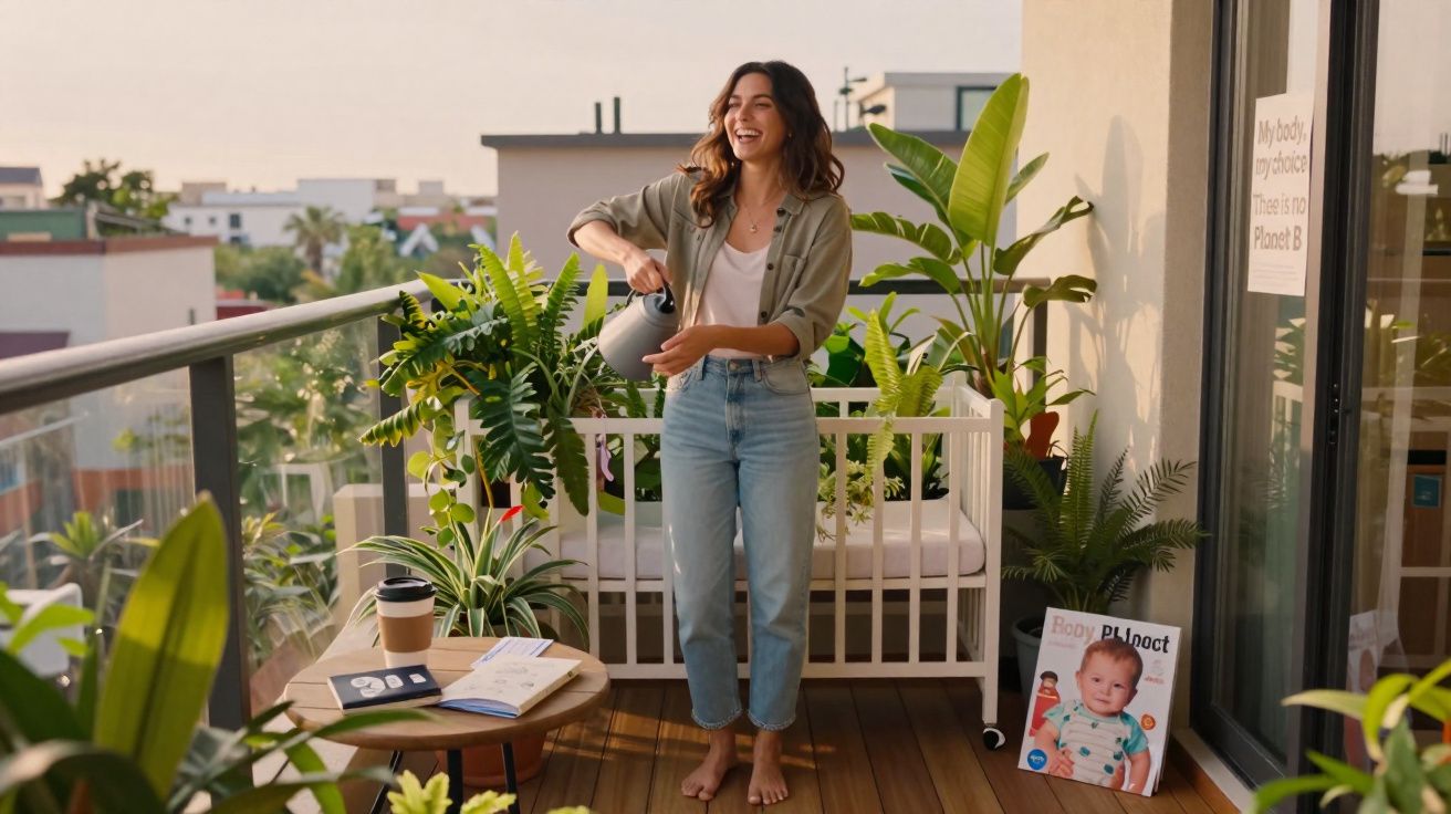 Mulher sorridente regando plantas num terraço com decoração natural e ambiente relaxante.
