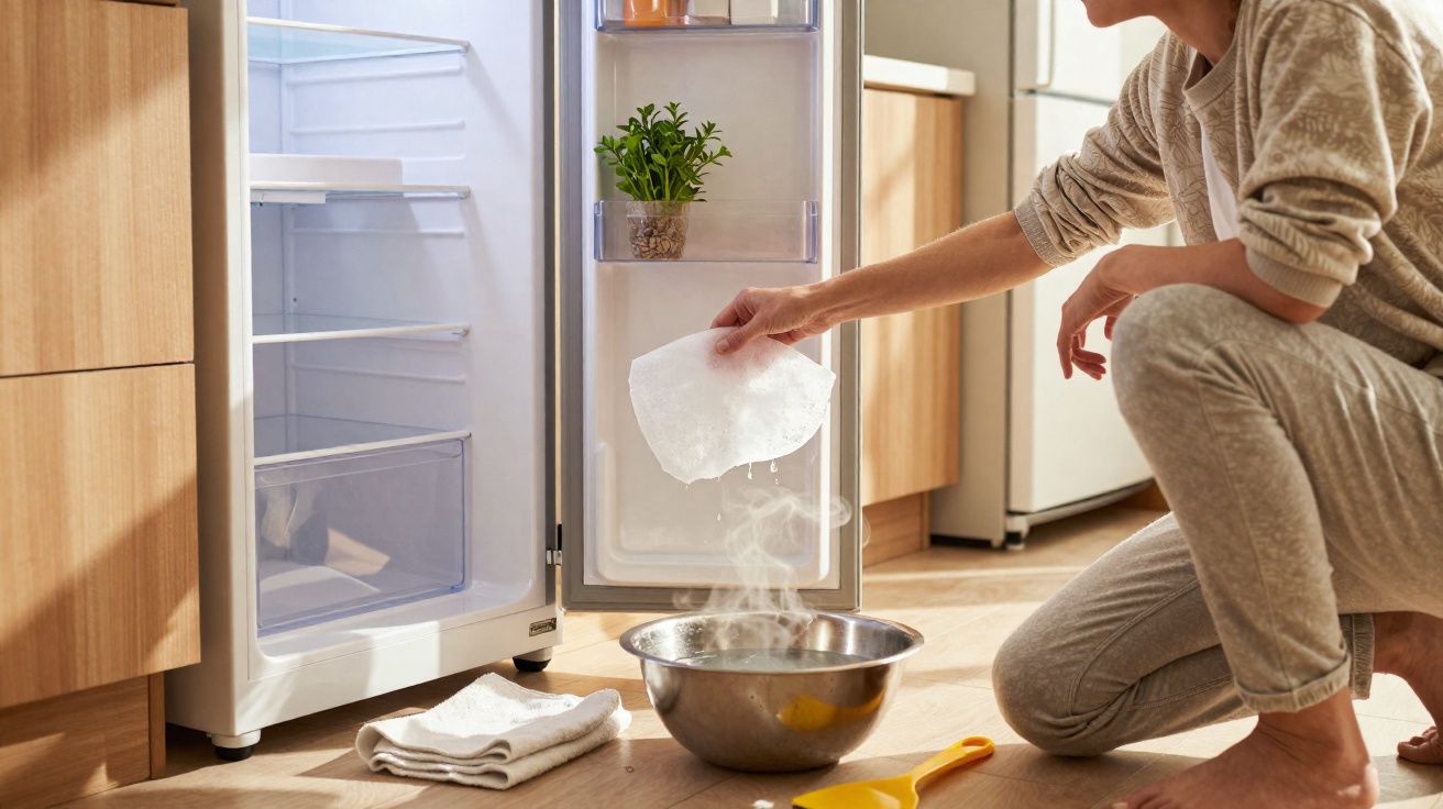 Pessoa a descongelar frigorífico com cubo de gelo numa cozinha moderna, com vapor visível na tigela metálica.