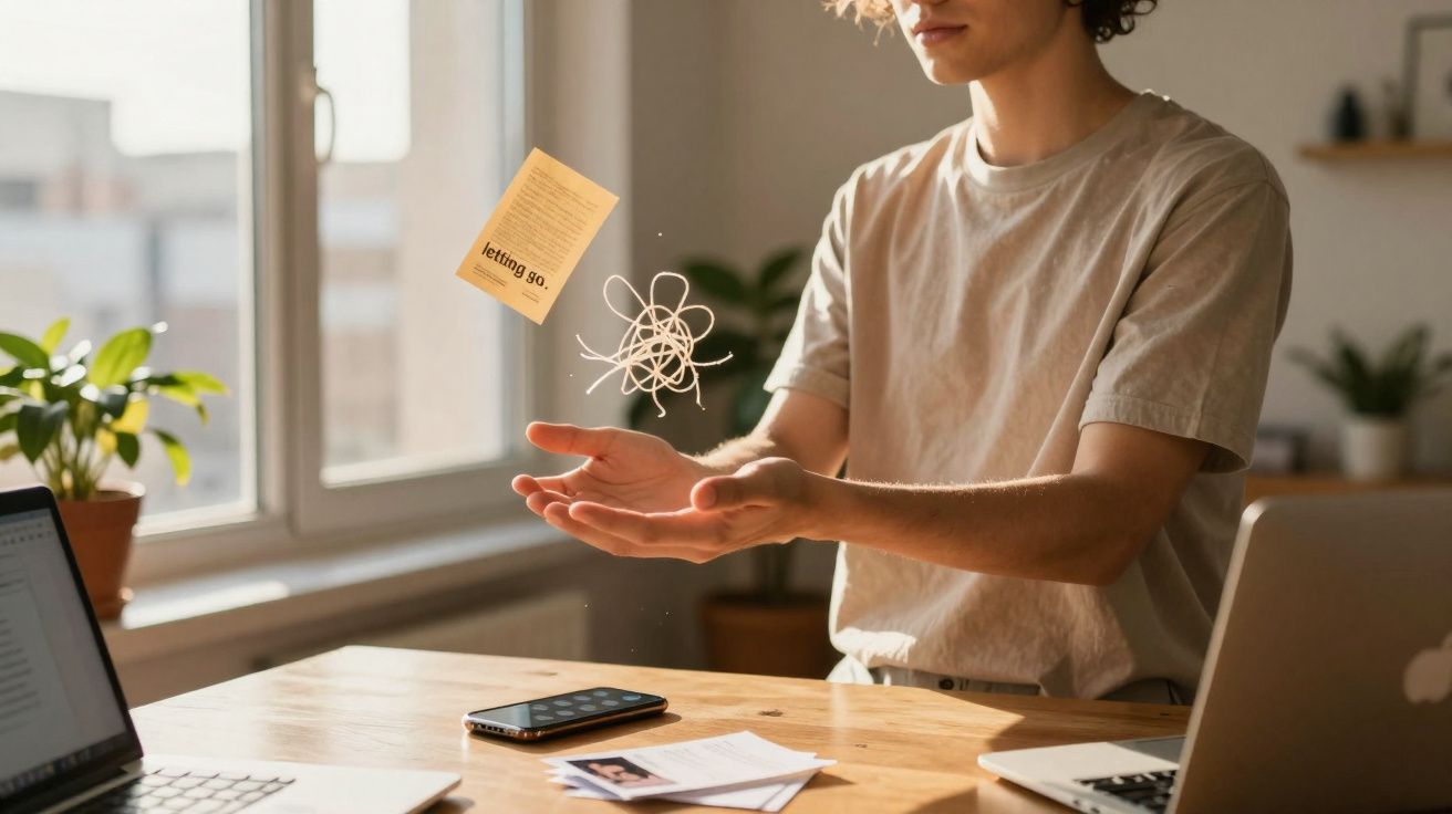 Pessoa a largar papéis e um desenho de nó, simbolizando a libertação em escritório com luz natural.