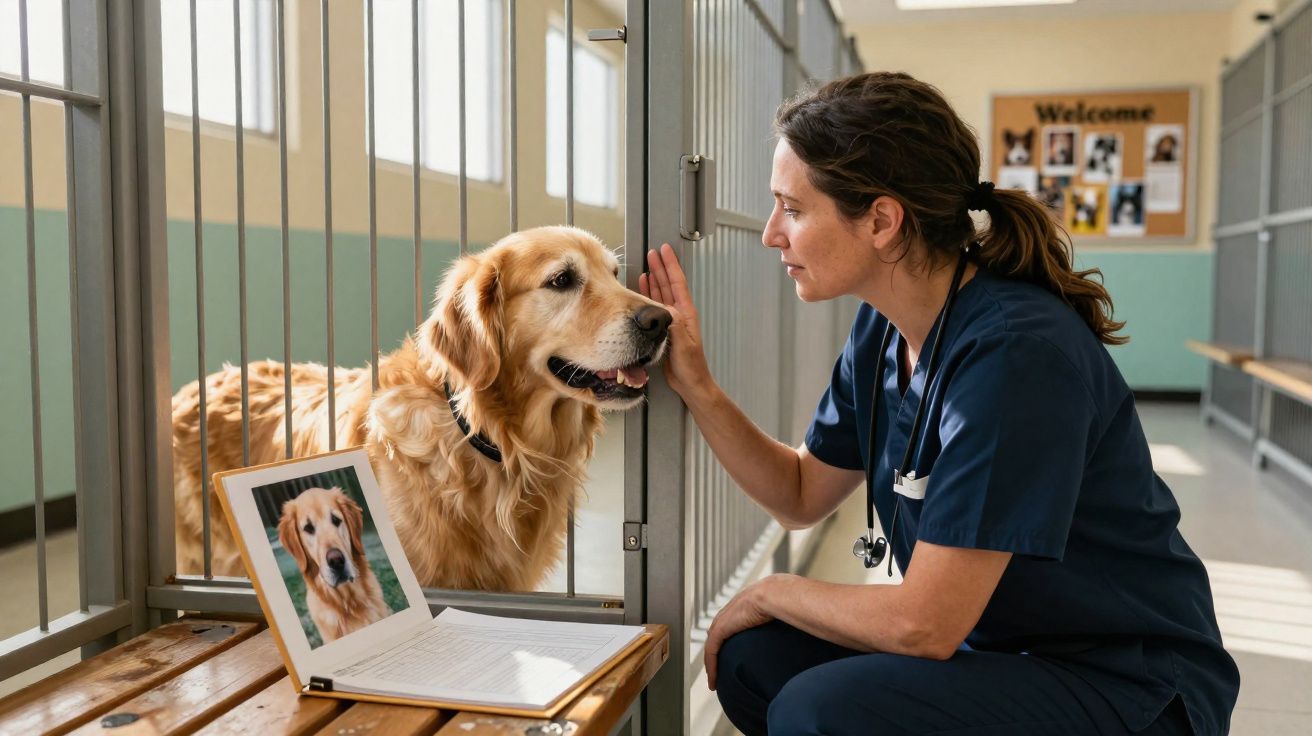 Veterinária em uniforme azul a tocar gentilmente um cão golden retriever atrás das grades num canil.