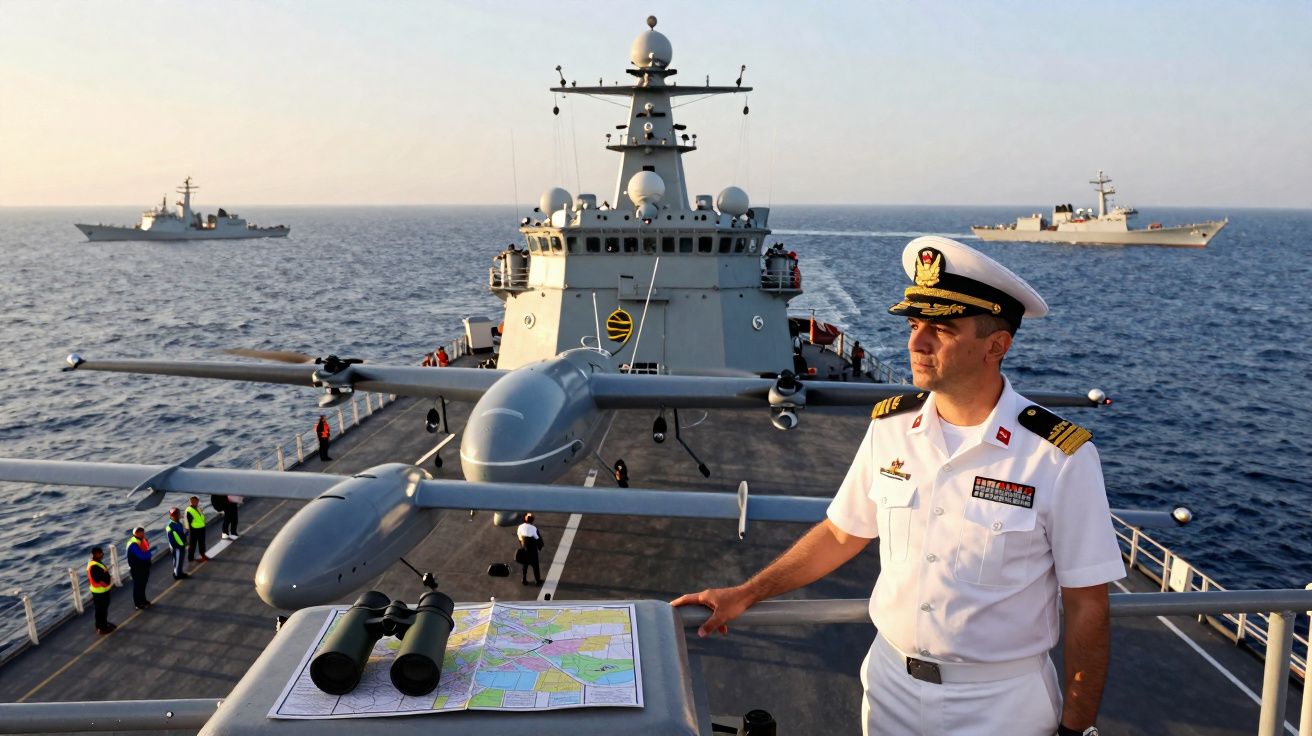 Oficial naval em convés de navio militar com drone e mapa, no mar, com outros navios ao fundo.