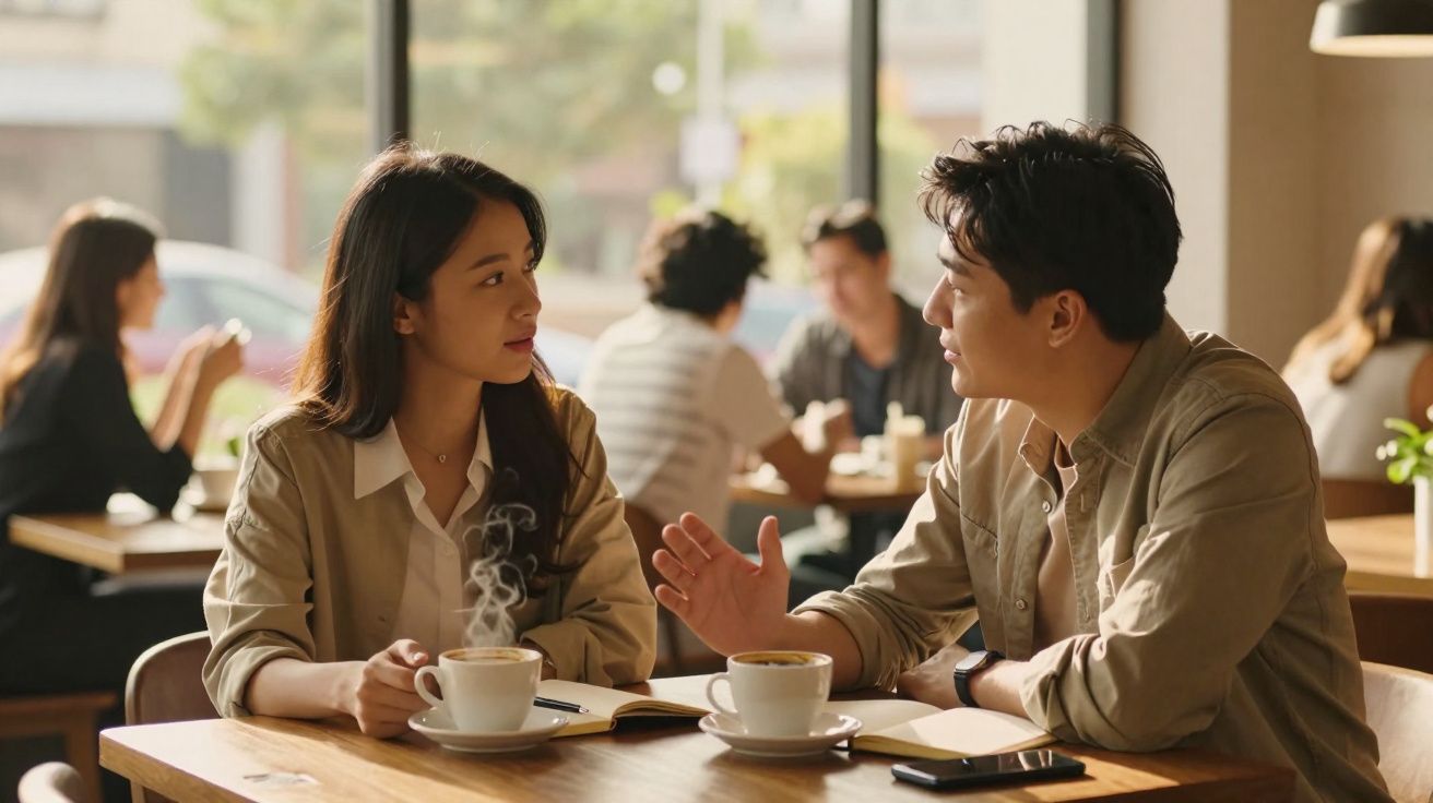 Casal jovem a conversar numa cafeteria com duas chávenas de café na mesa.