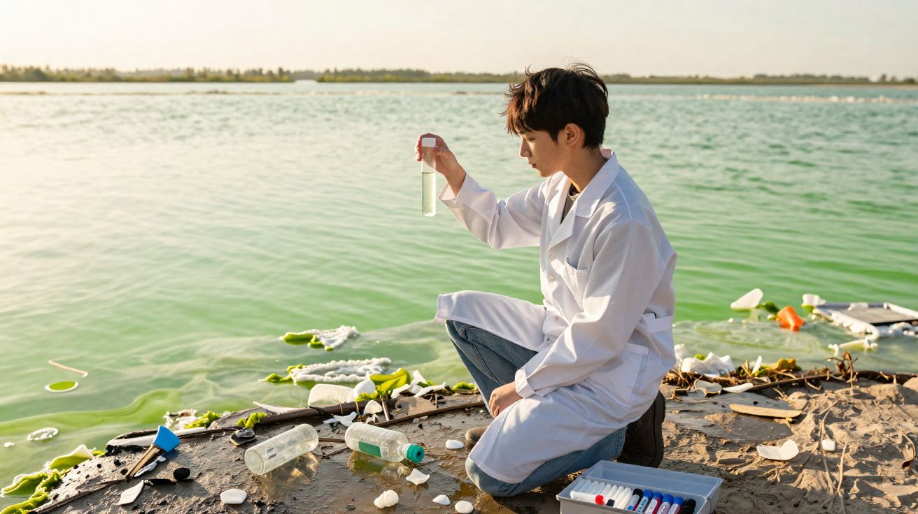 Cientista em bata branca recolhe amostra de água poluída com lixo numa margem de rio.