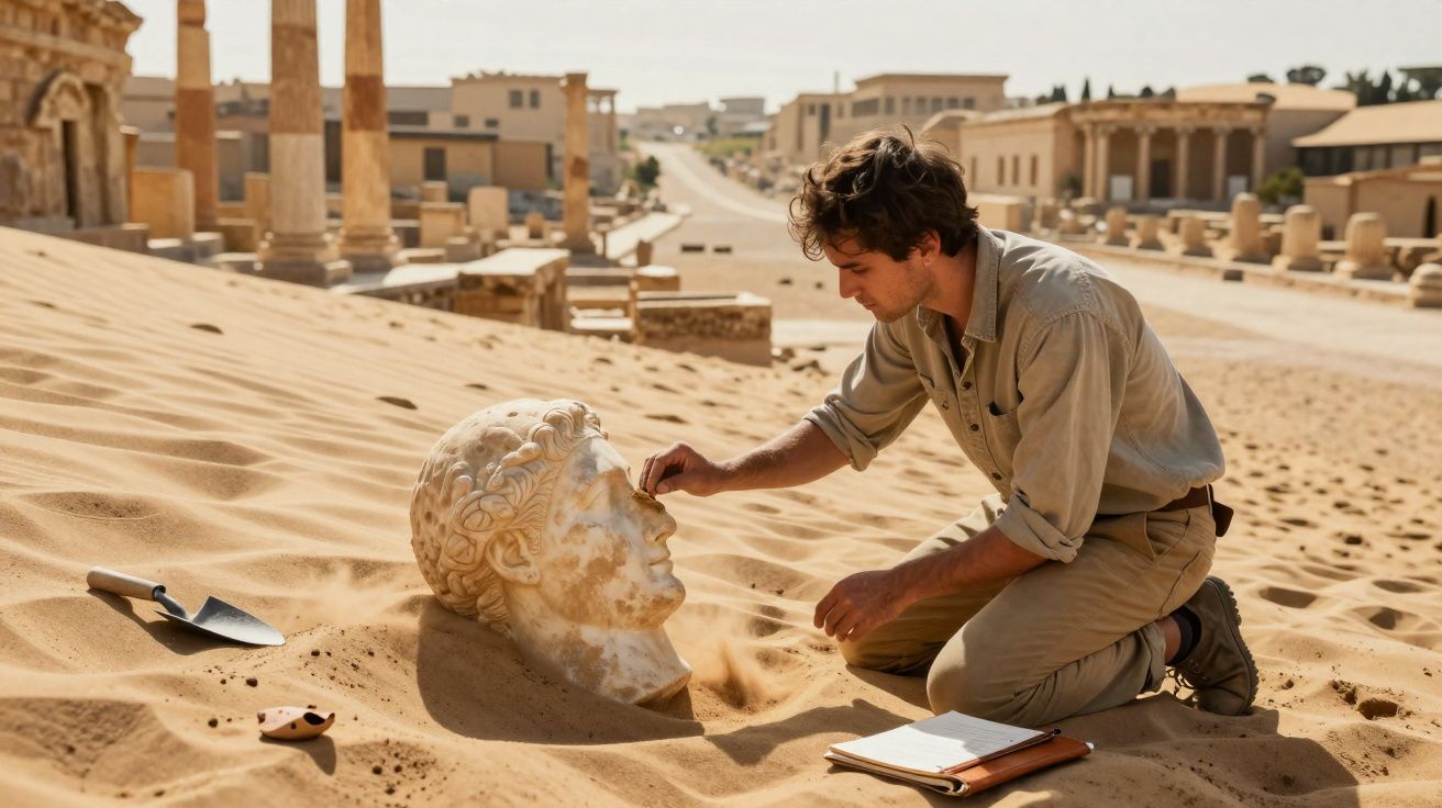 Arqueólogo escava e examina uma grande cabeça de estátua antiga numa escavação desértica.