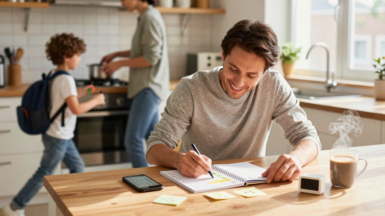 Homem a sorrir enquanto escreve num caderno numa cozinha com criança e mulher ao fundo.