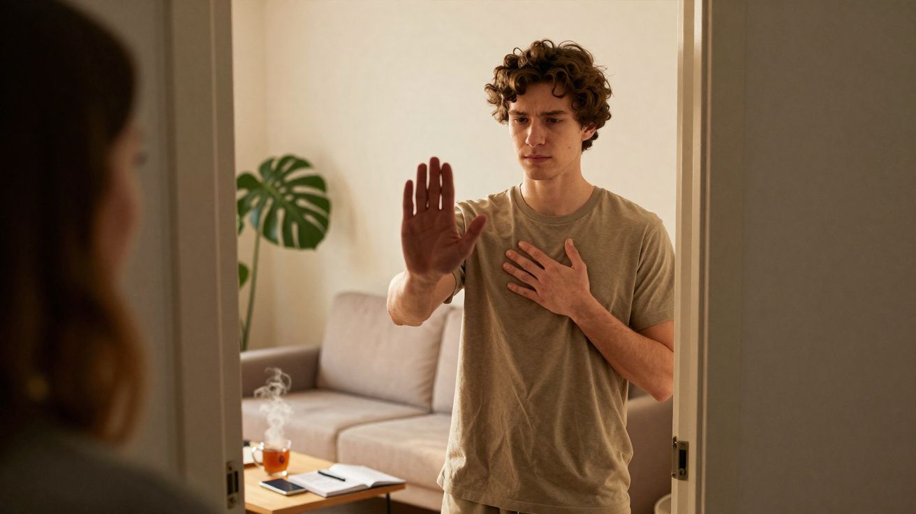 Homem com expressão séria levanta a mão em gesto de paragem enquanto outra pessoa observa à porta.
