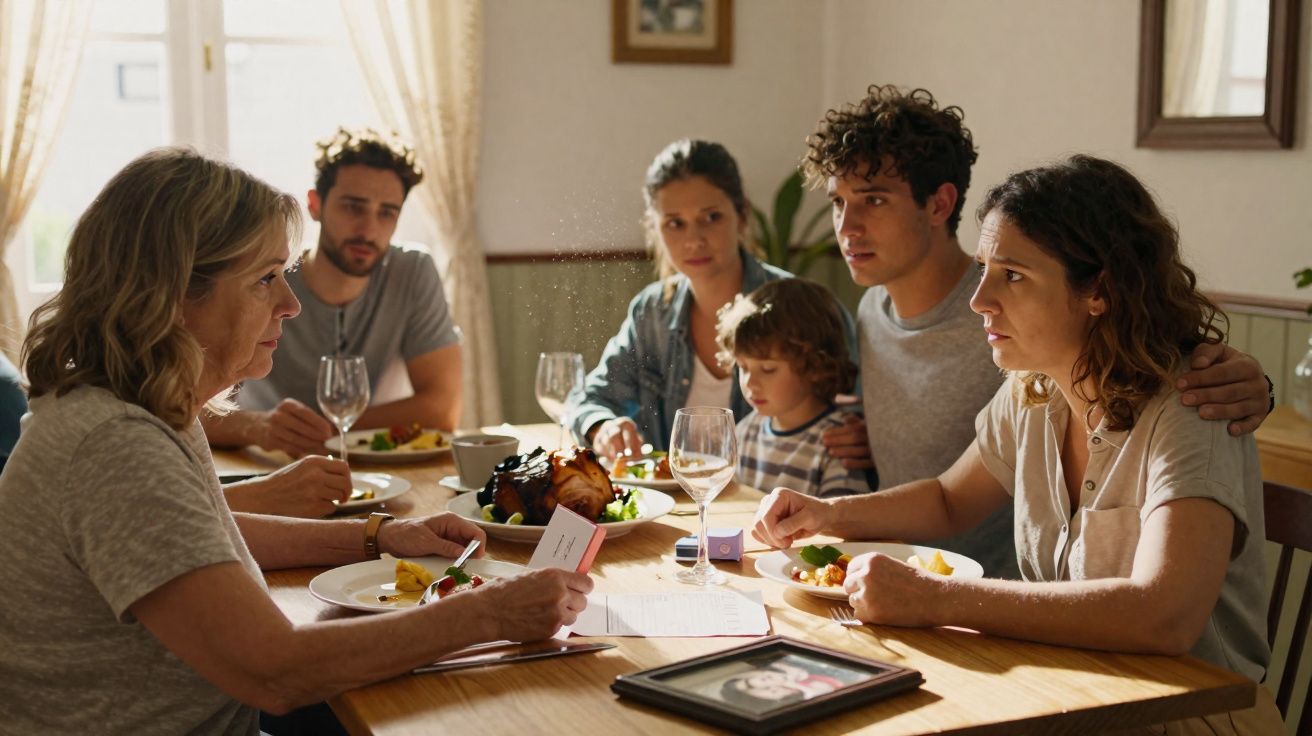 Família sentada à mesa a discutir com expressão séria durante uma refeição em casa.