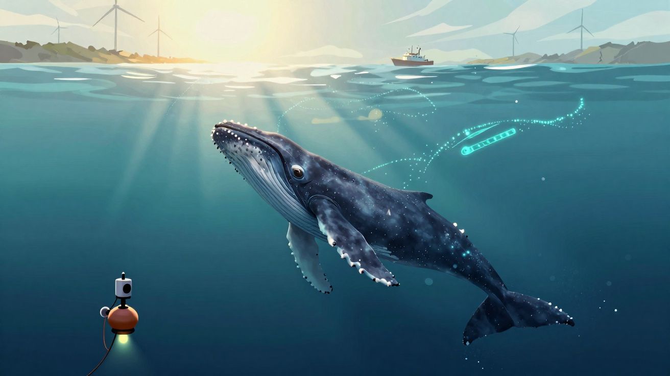 Baleia azul a nadar perto da superfície do mar com turbinas e navio ao fundo e equipamento de monitorização subaquática.