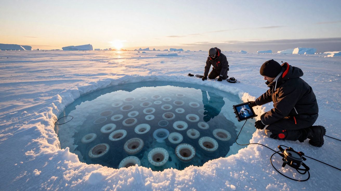 Dois cientistas a estudarem pneus submersos num buraco circular feito no gelo numa paisagem ártica congelada ao pôr do sol.