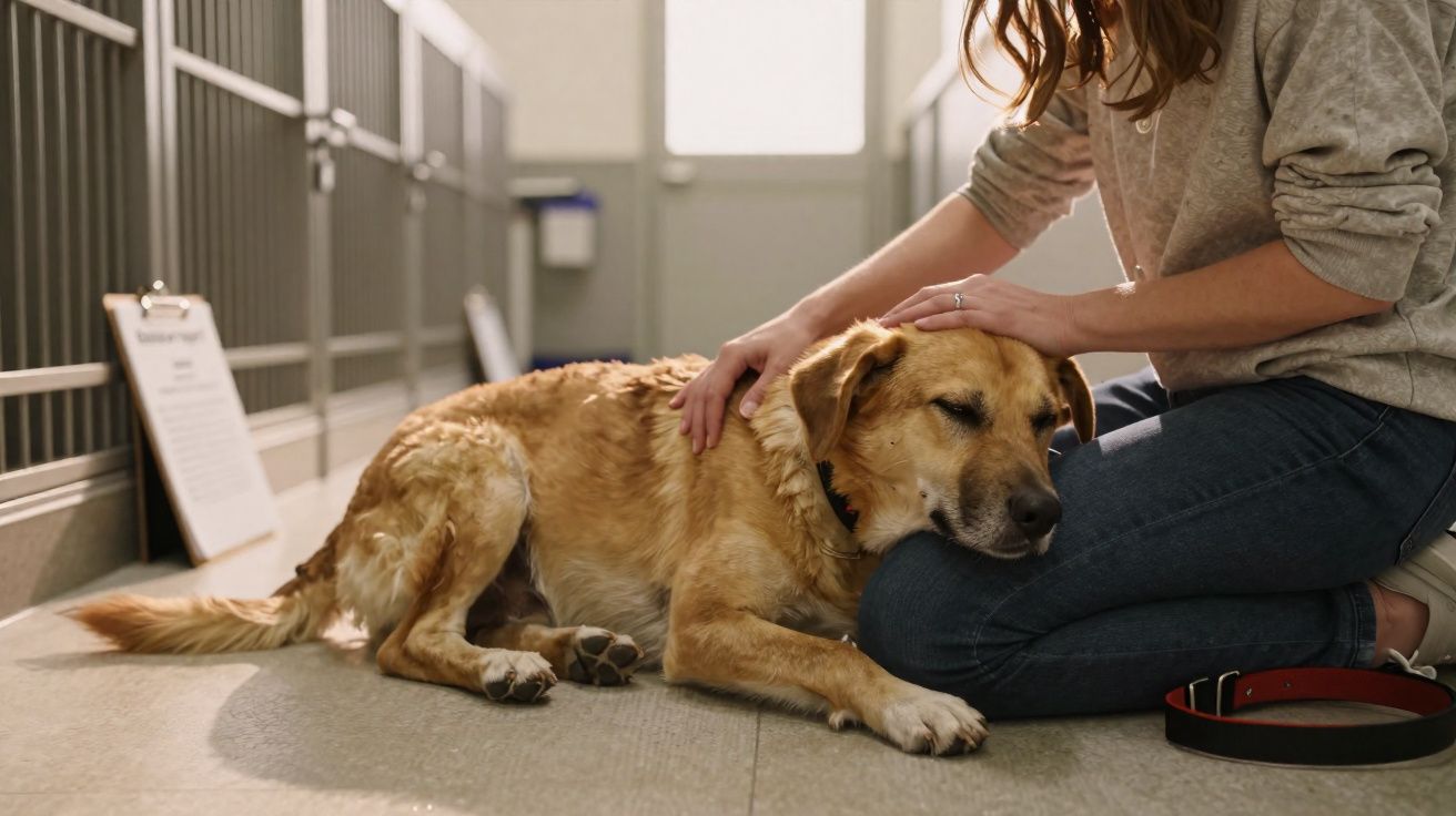 Cão deitado com olhos fechados a receber carinho de pessoa sentada no chão num abrigo animal.