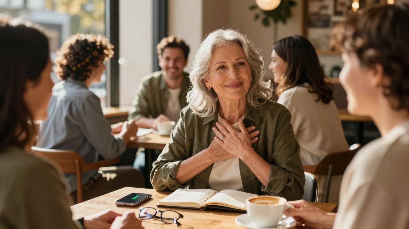 Mulher idosa sorridente com as mãos no peito, sentada à mesa com outras pessoas num café.
