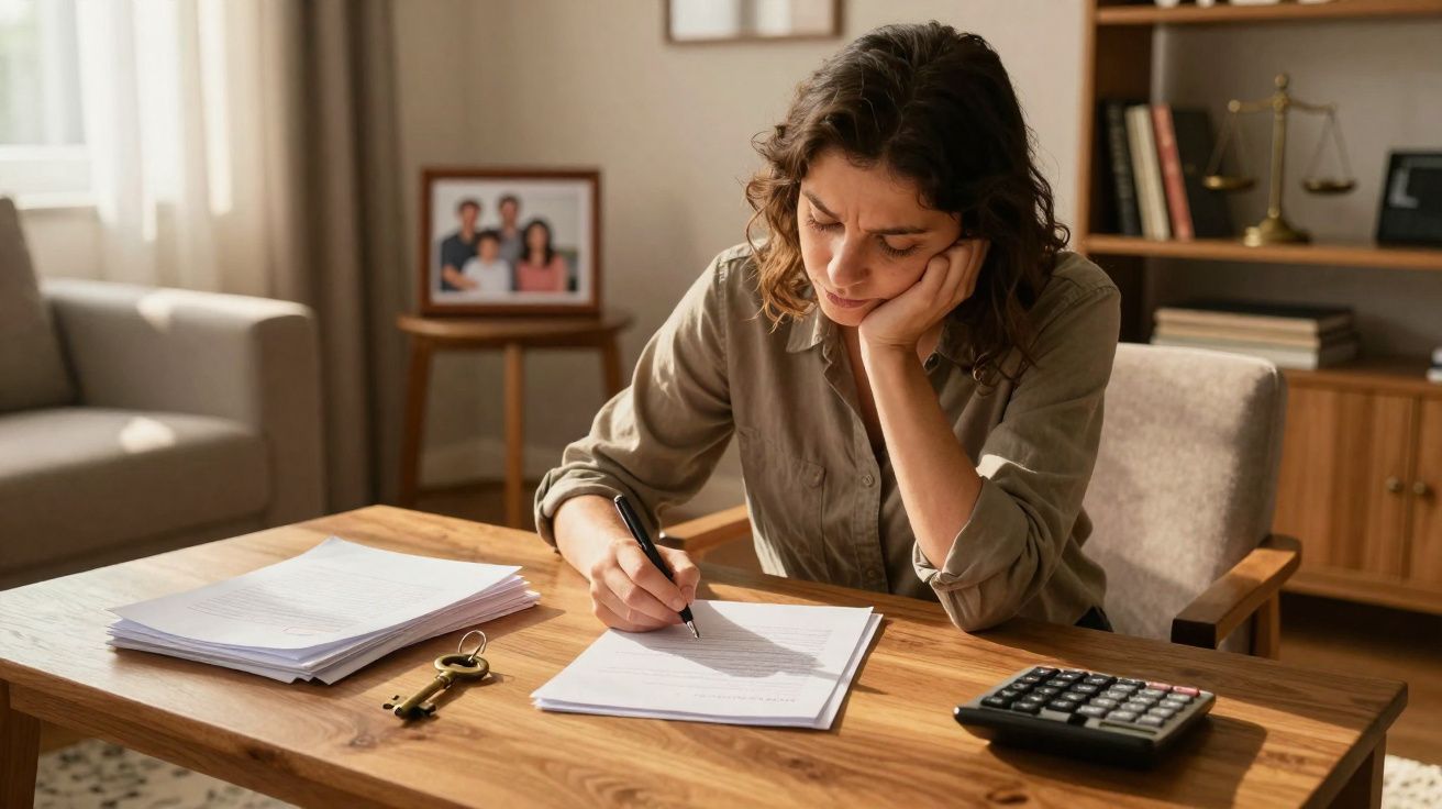 Mulher a escrever documentos numa mesa de madeira com calculadora e chave ao lado, em casa.