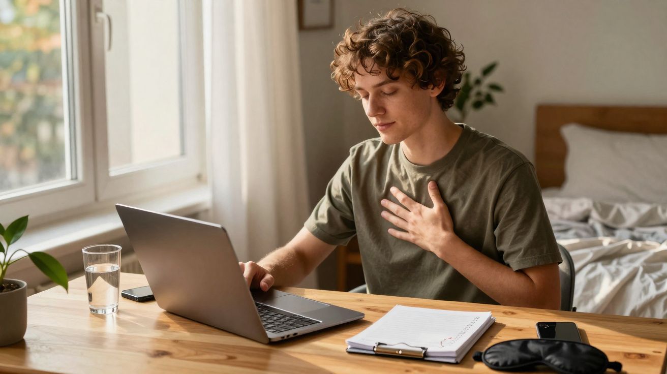 Jovem sentado à mesa com computador portátil, caderno e copo de água, segurando a mão no peito.