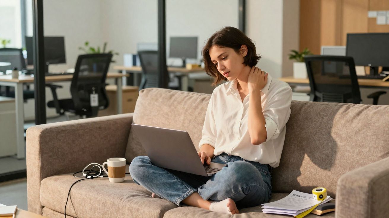 Mulher jovem sentada no sofá a usar computador portátil num ambiente de escritório moderno e descontraído.