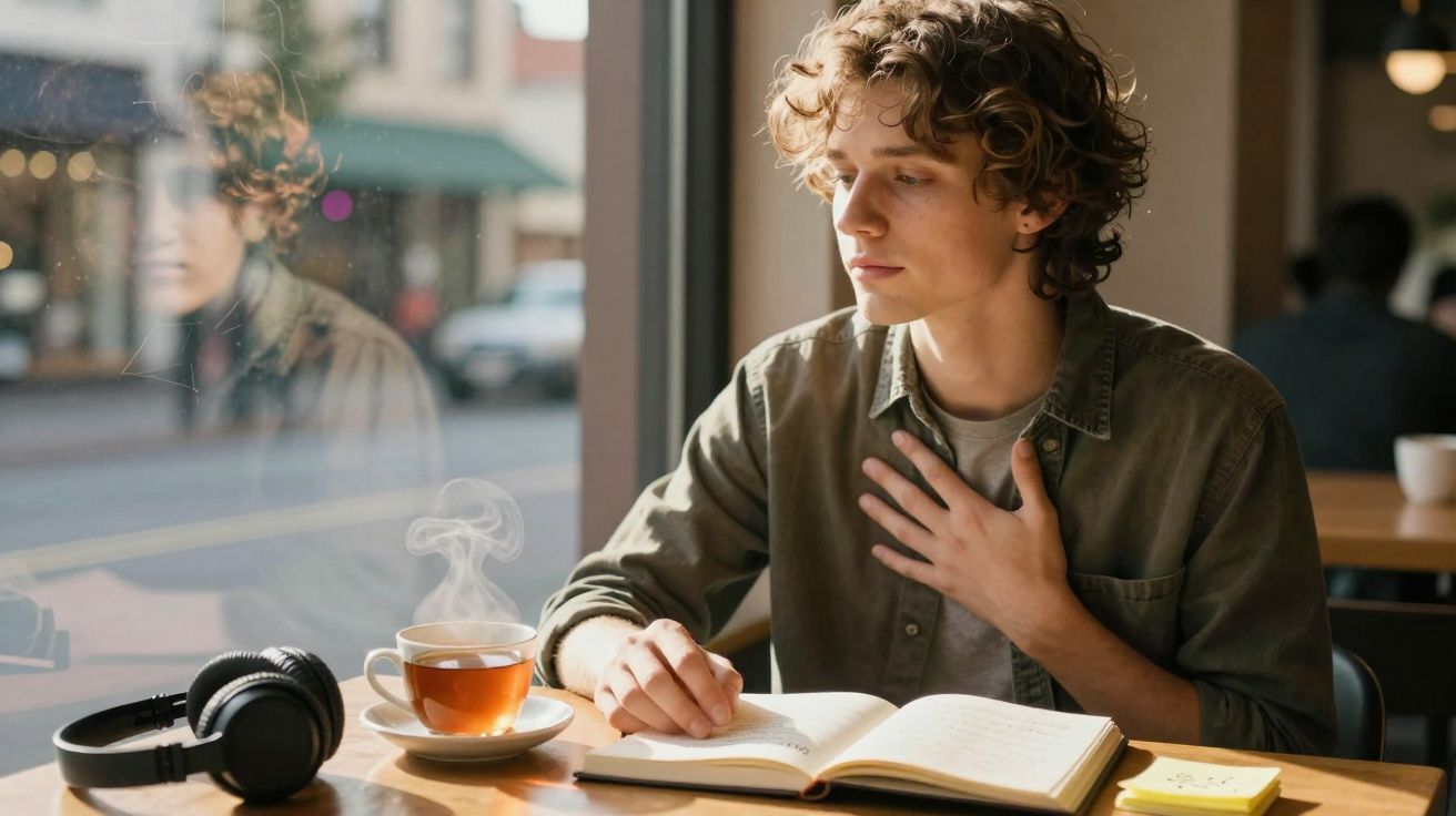 Jovem sentado numa cafeteria a ler um livro, com chá fumegante e auscultadores na mesa.