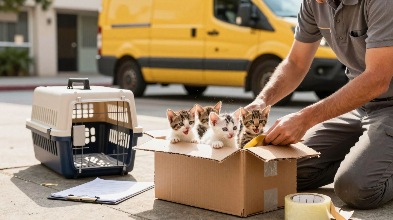 Quatro gatinhos dentro de uma caixa de cartão ao lado de transportadora e homem a fechá-la com fita adesiva.