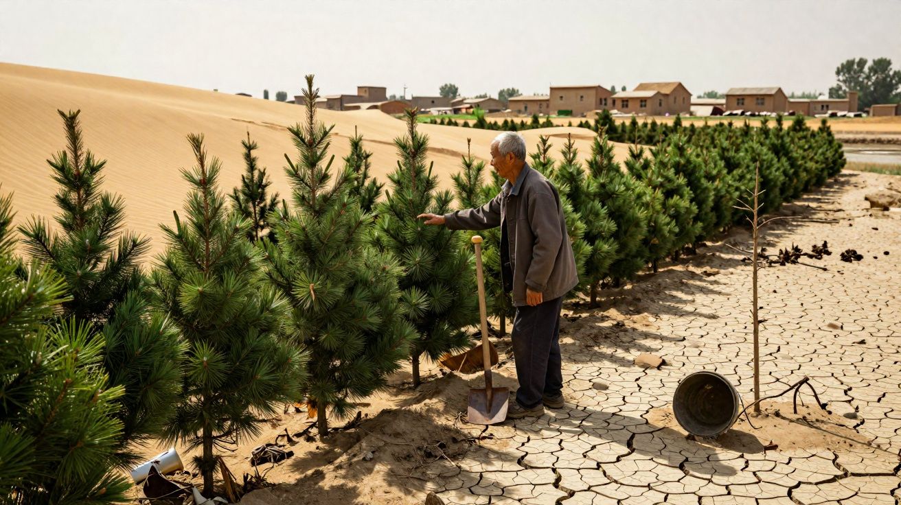 Homem cuida de fileira de pinheiros plantados em terra seca e rachada junto a dunas e casas ao fundo.