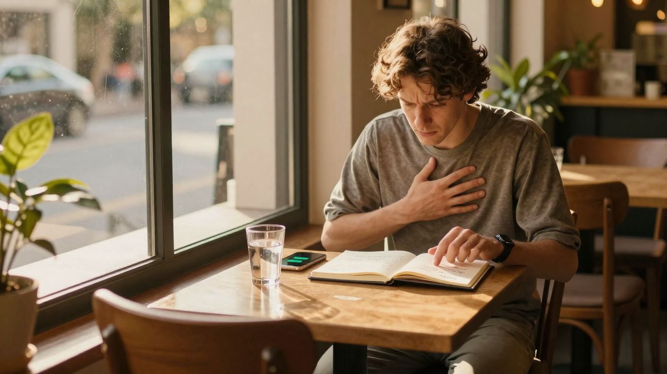 Jovem sentado num café a ler um livro com a mão no peito, luz natural entra pela janela ao lado.
