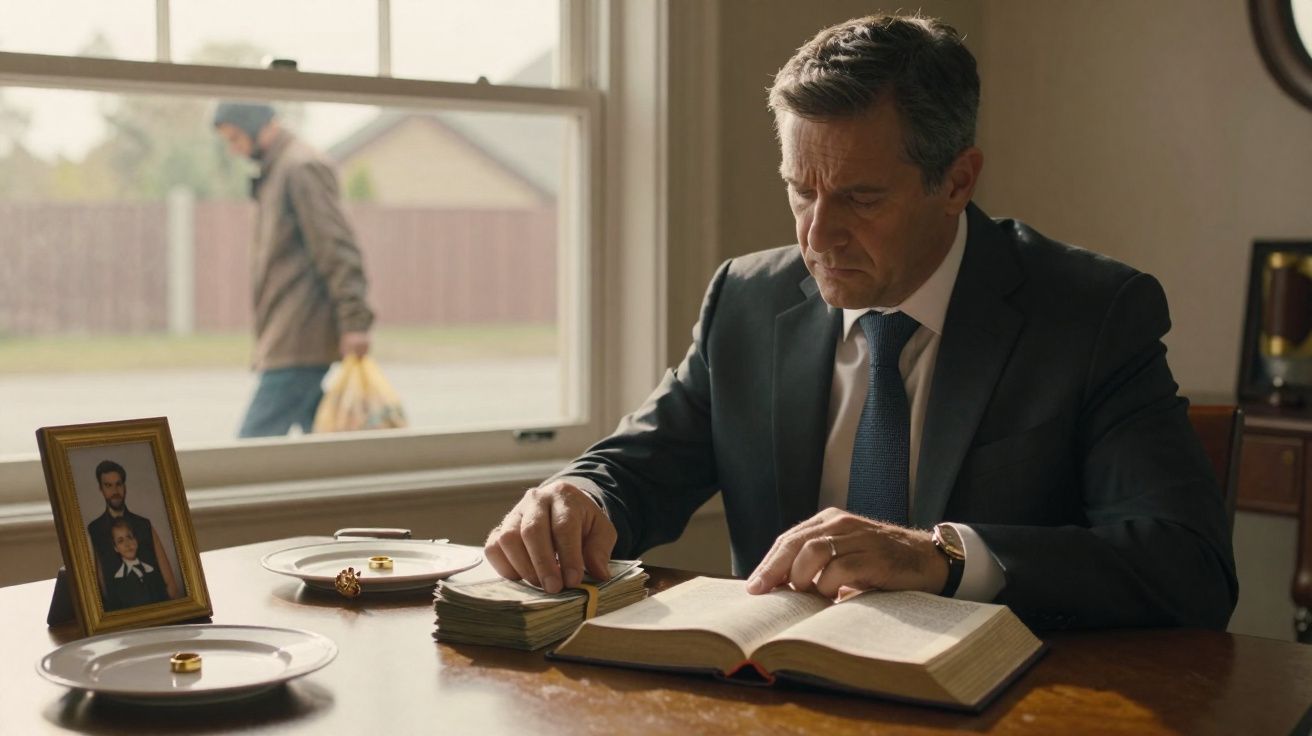 Homem de fato sentado a contar dinheiro e ler um livro numa mesa com fotos e alianças.