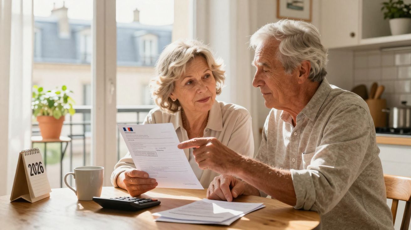 Casal sénior sentado à mesa a analisar documentos com calendário de 2026 e calculadora à frente.
