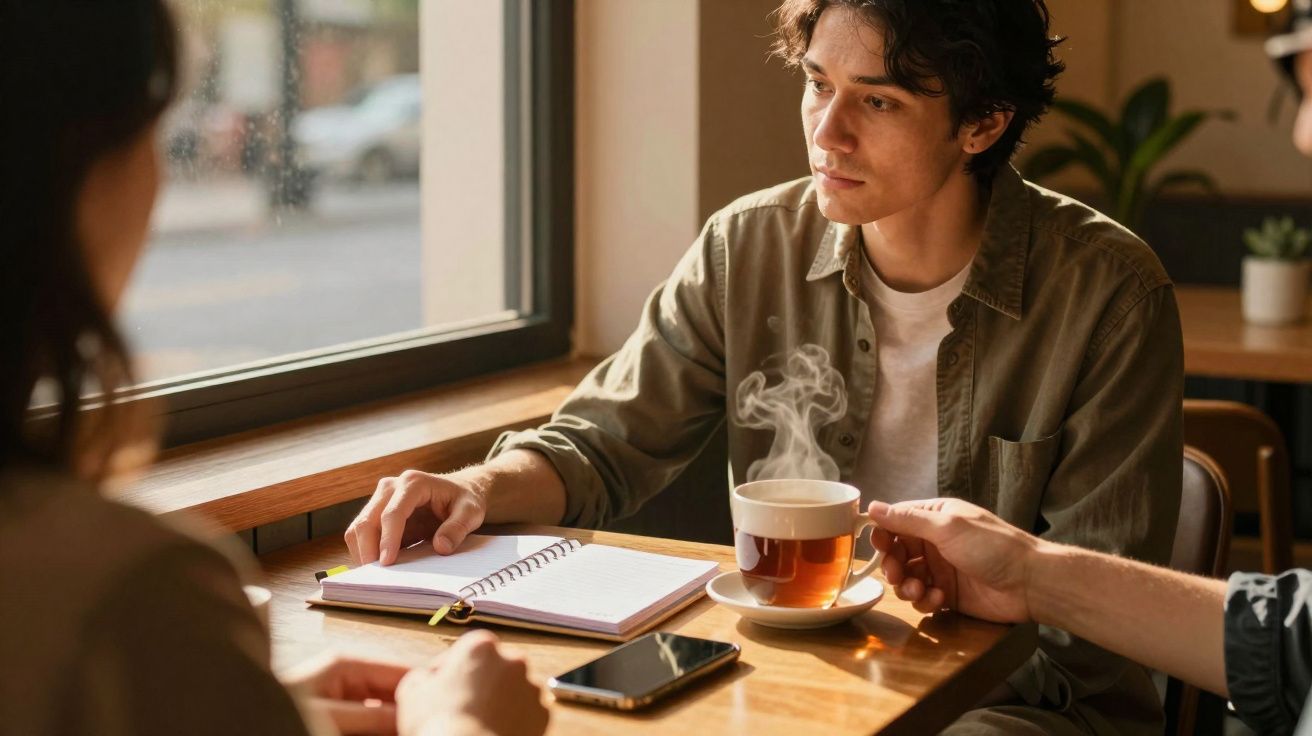 Jovem sentado numa mesa de café com chá fumegante, um caderno aberto e telemóvel à frente.