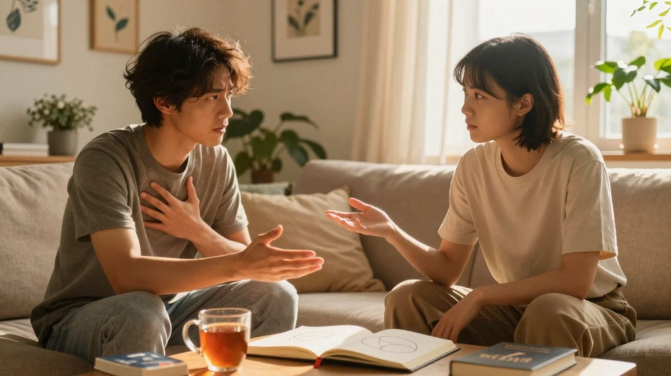 Homem e mulher sentados no sofá discutem com expressão séria durante o dia numa sala iluminada.