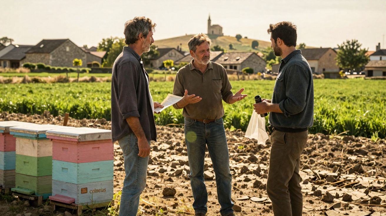 Três homens conversam numa horta junto a colmeias coloridas num dia solarengo numa zona rural.