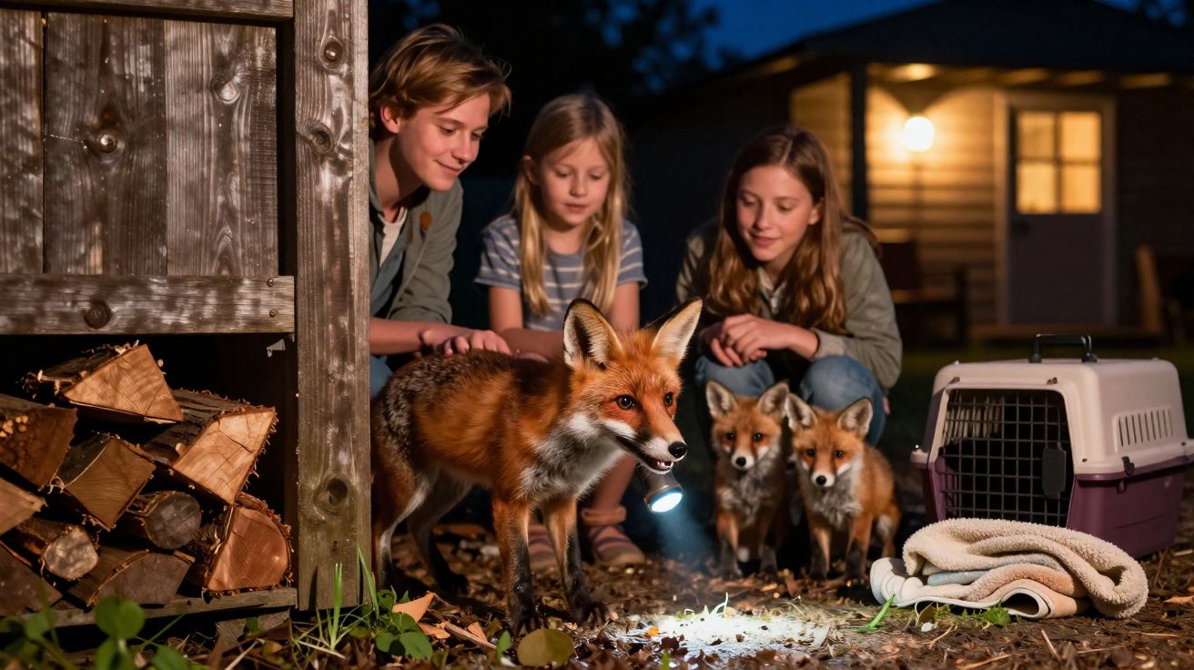Três crianças observam uma raposa adulta e dois filhotes à noite junto a um esconderijo de madeira e uma transportadora.