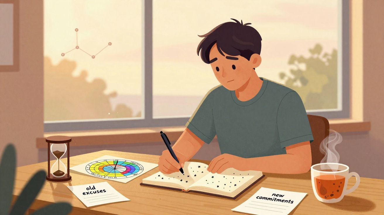 Homem sentado à mesa a escrever num diário, com folhas de papel, ampulheta e chá quente ao lado.