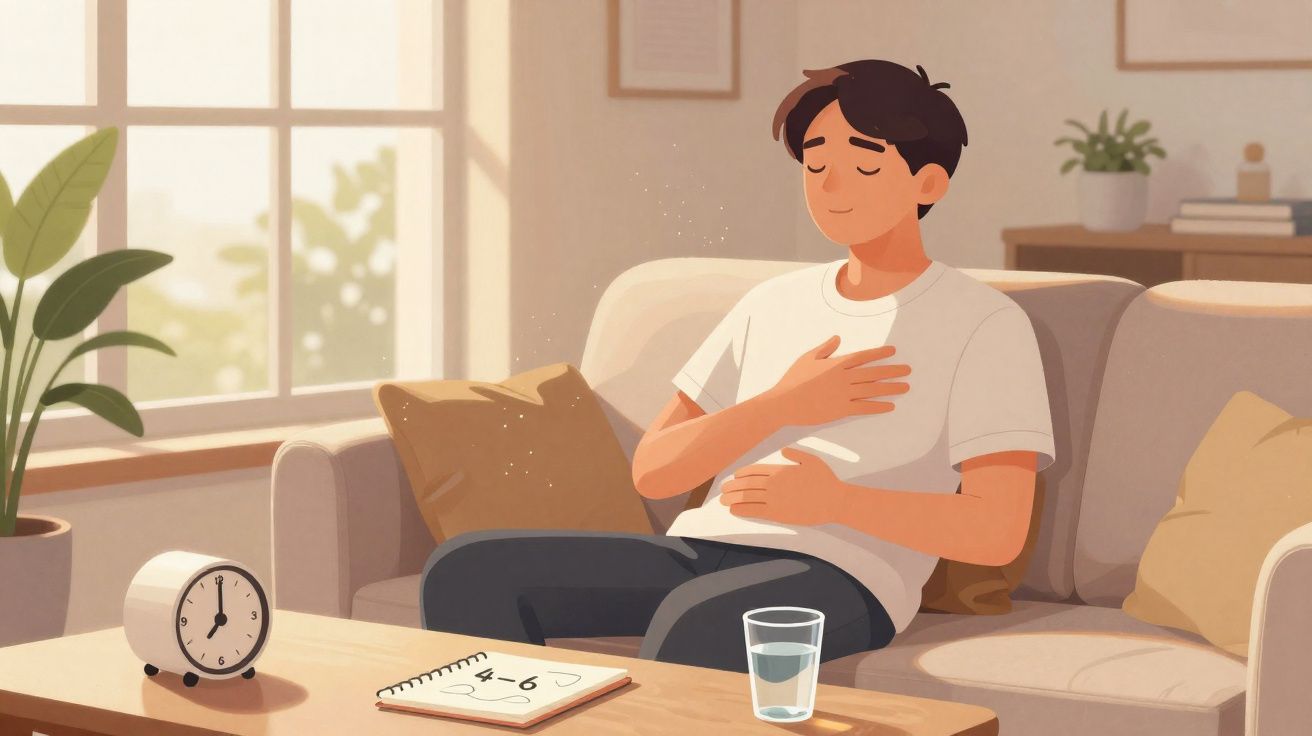 Homem sentado no sofá a praticar meditação, com olhos fechados e mão no peito, ambiente tranquilo em casa.