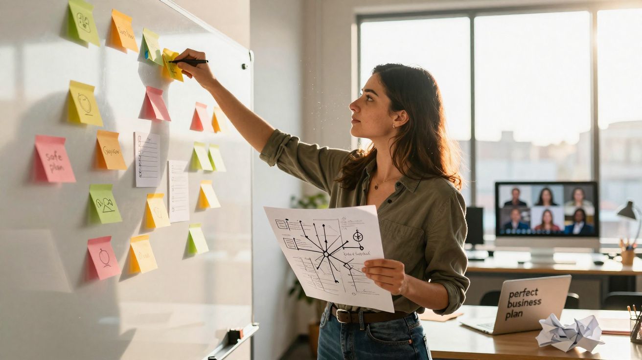 Mulher a organizar notas em post-its num quadro branco, com videochamada aberta no computador ao fundo.