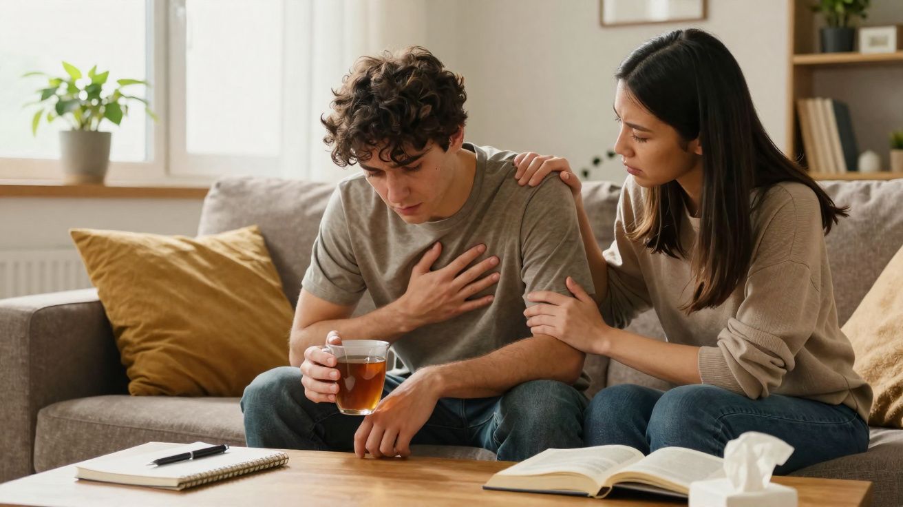 Jovem sentado no sofá com dor no peito, mulher ao lado a confortá-lo, ambiente doméstico acolhedor.