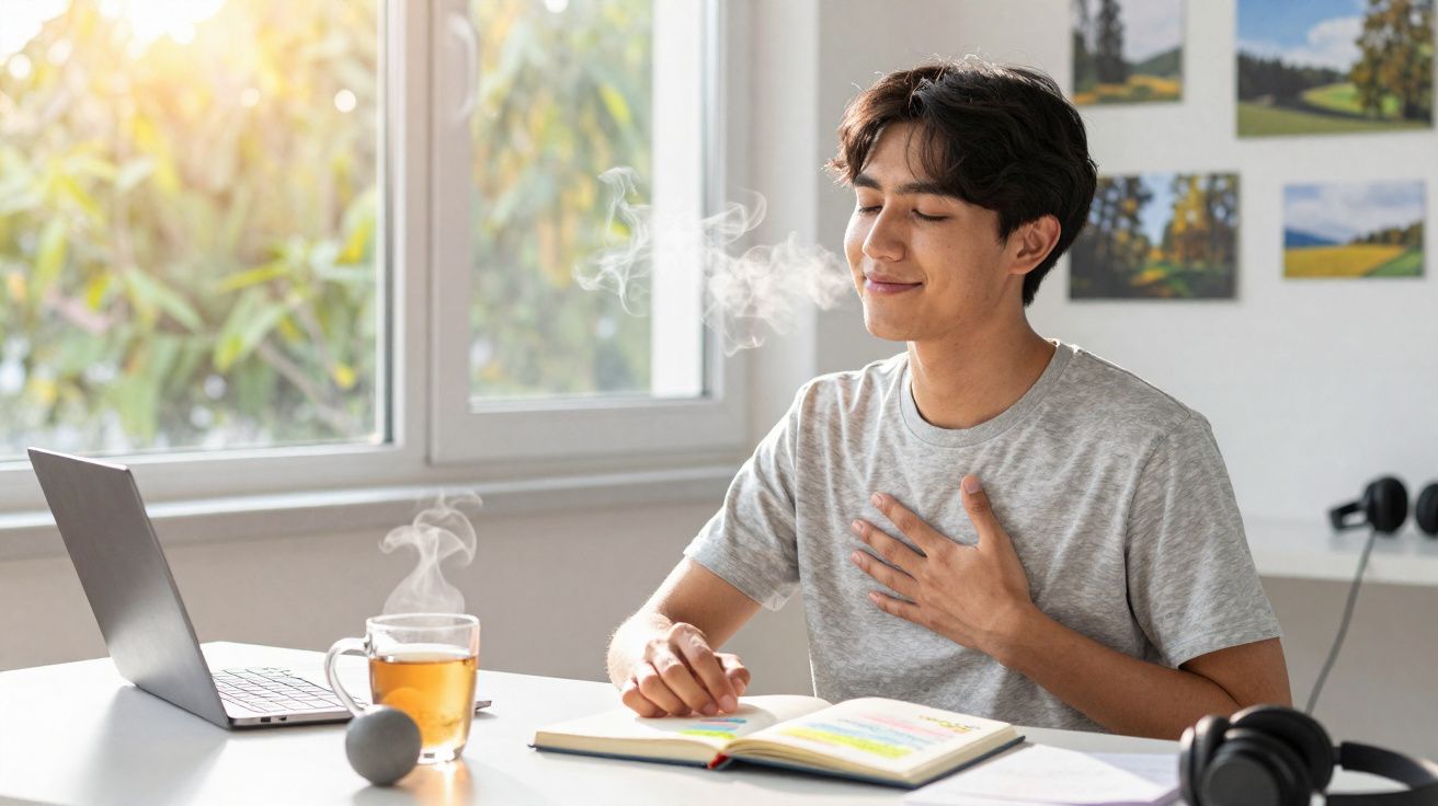 Jovem sentado à mesa com livro aberto, laptop, chá quente e expressão de relaxamento com a mão no peito.