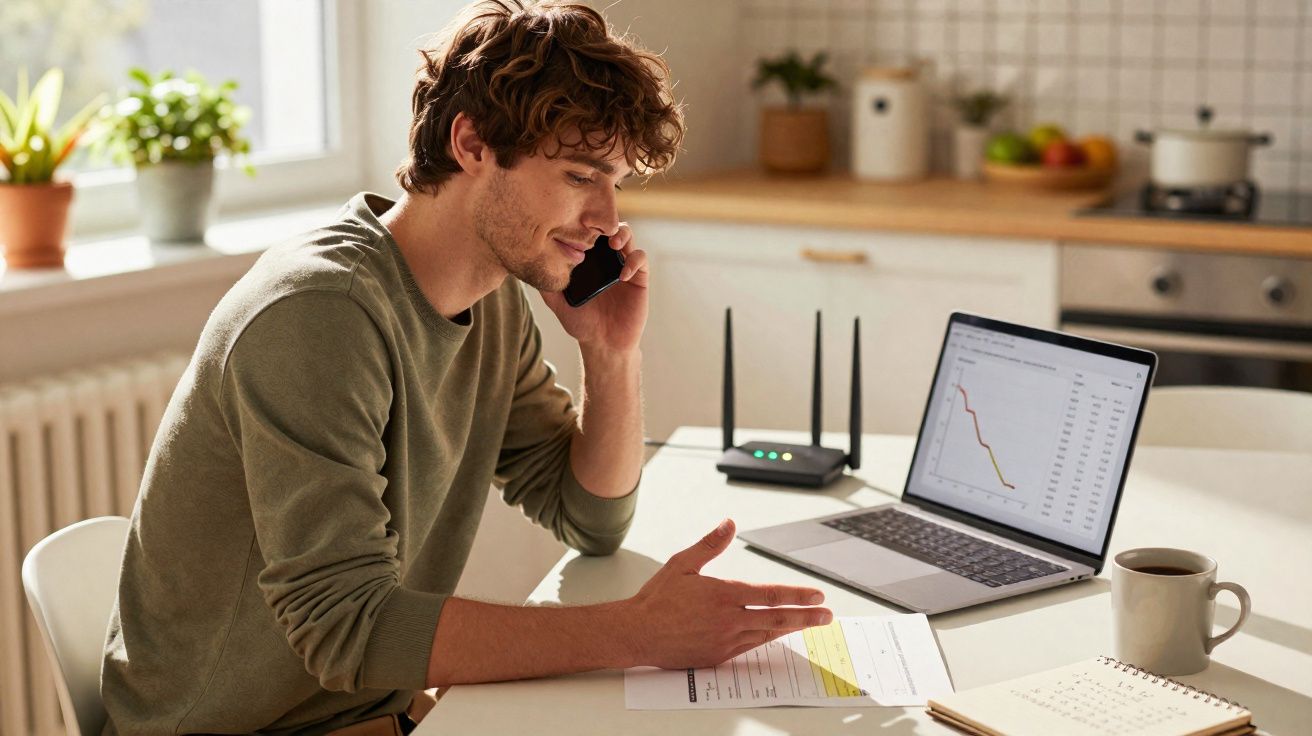 Homem jovem a falar ao telemóvel e a analisar gráficos num portátil numa cozinha luminosa.