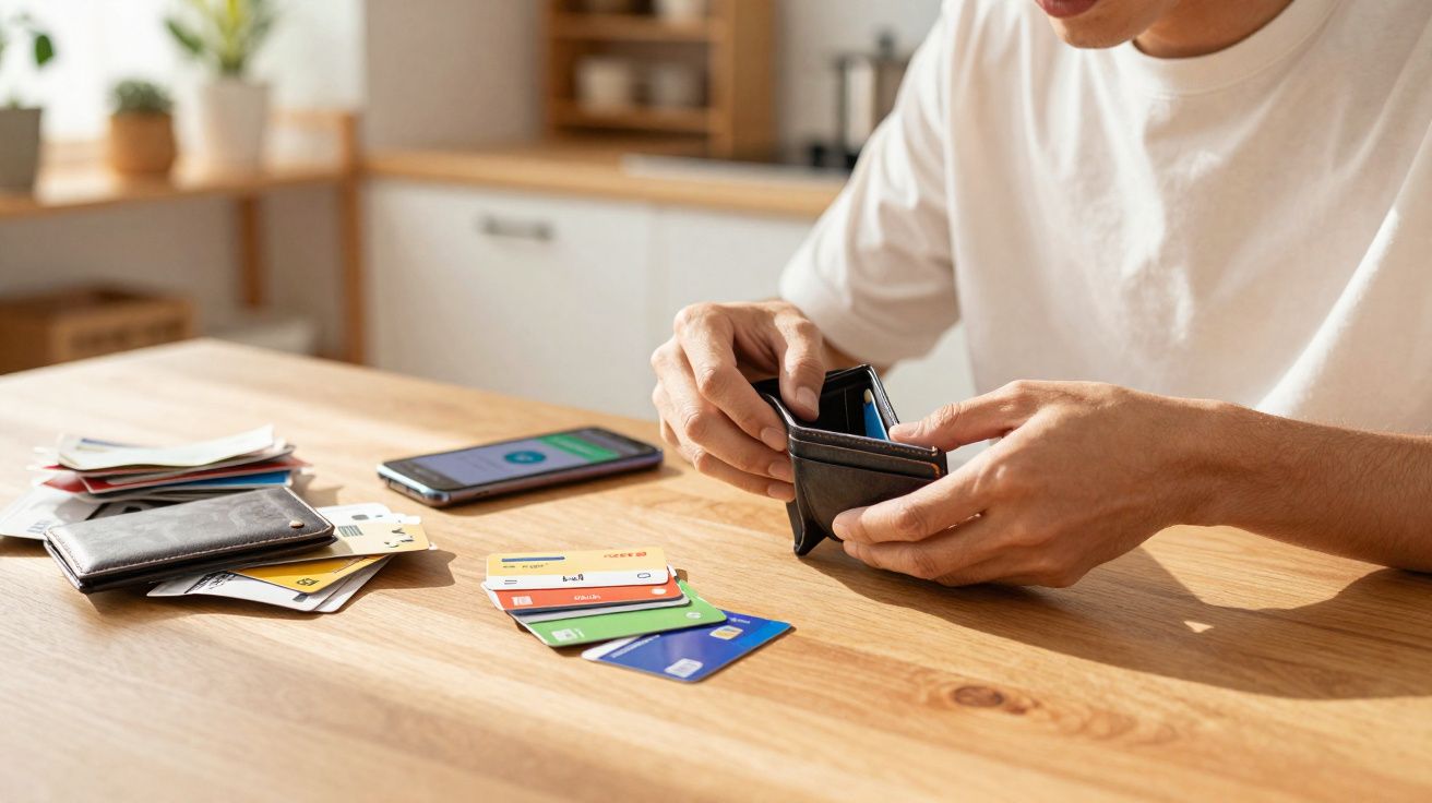 Pessoa a organizar cartões numa carteira, com vários cartões e telemóvel numa mesa de madeira.