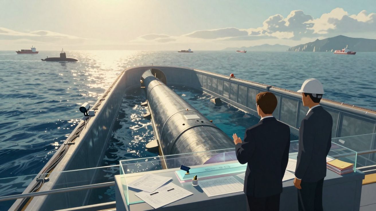 Duas pessoas observam um submarino numa doca flutuante no mar ao pôr do sol, com navios ao fundo.