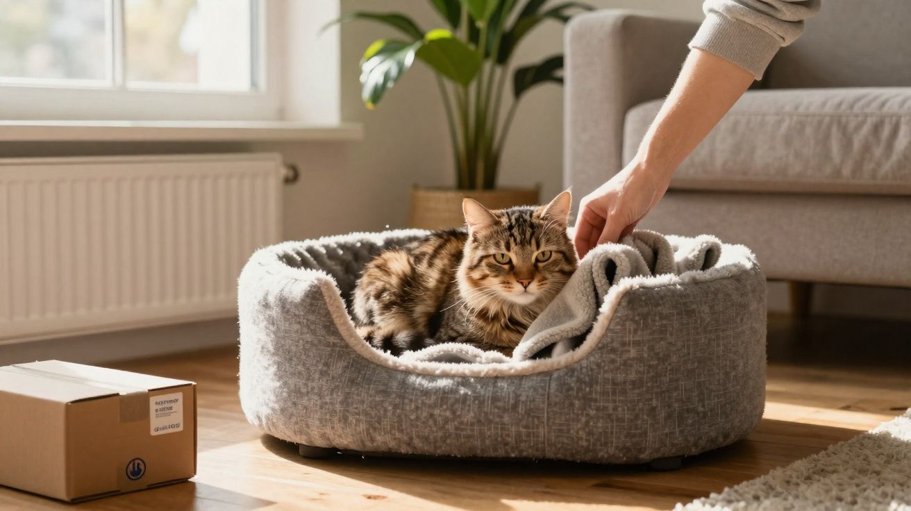 Gato tigrado deitado numa cama cinza para animais com uma mão humana a ajeitar a manta.