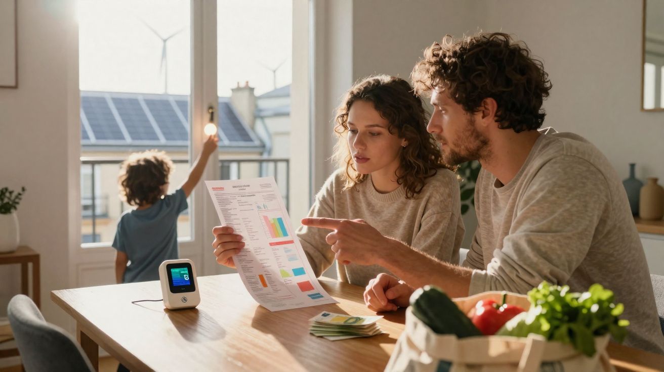 Casal analisa faturas e contabiliza despesas numa mesa com dispositivos de monitorização de energia e vegetais frescos.