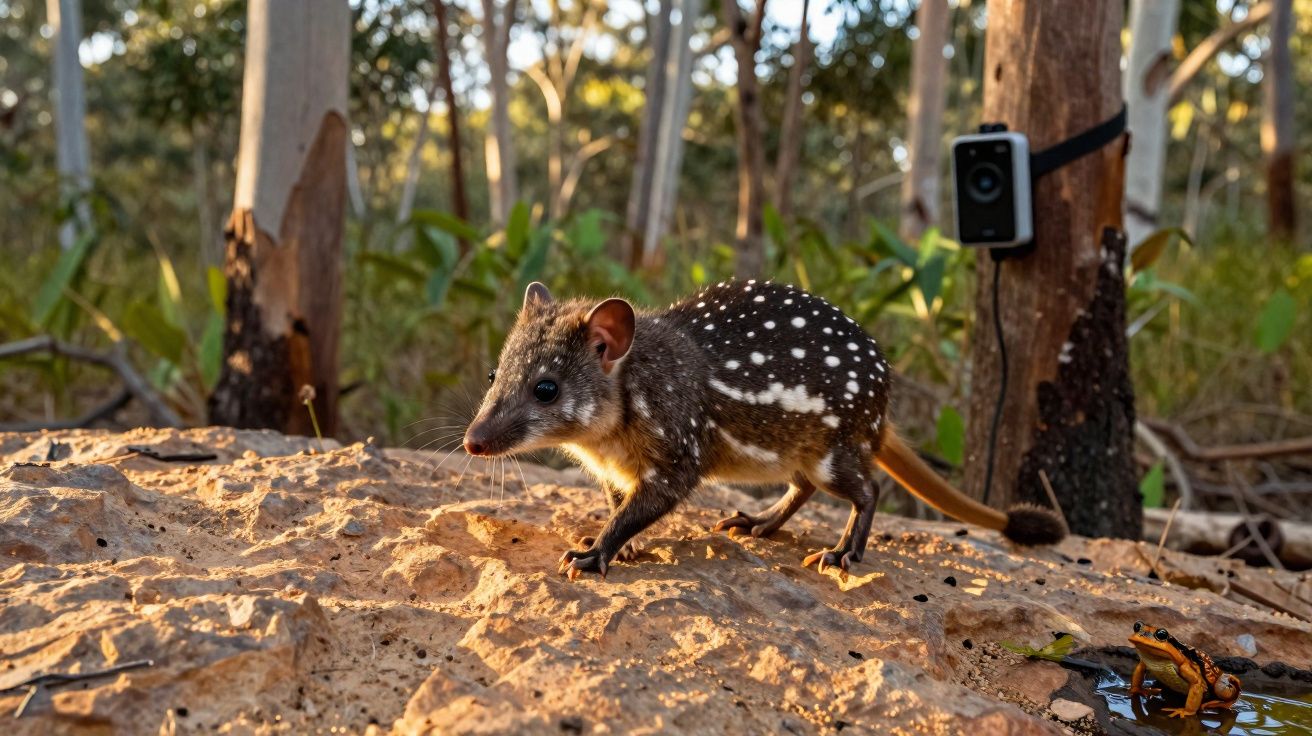 Marsupial com manchas brancas no corpo caminha sobre solo arenoso numa floresta com vegetação densa ao fundo.