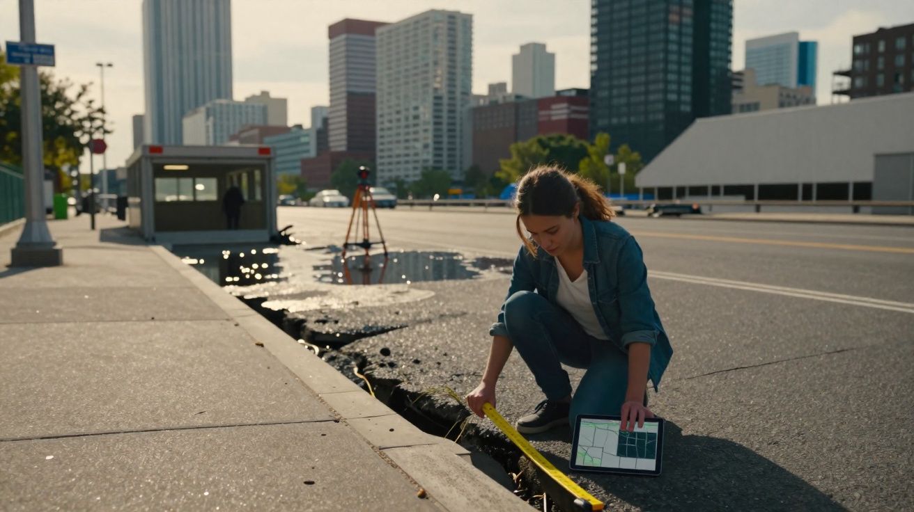 Mulher a medir uma fissura num passeio na cidade, com tablet e edificios ao fundo.