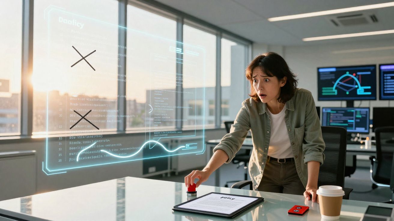 Mulher surpreendida a carregar num botão vermelho numa sala tecnológica com hologramas e monitores.