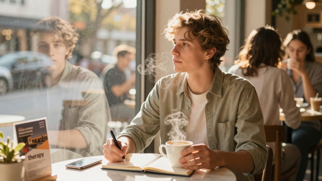 Jovem sentado numa cafetaria, a escrever num caderno e a segurar uma chávena fumegante, olhando pela janela.