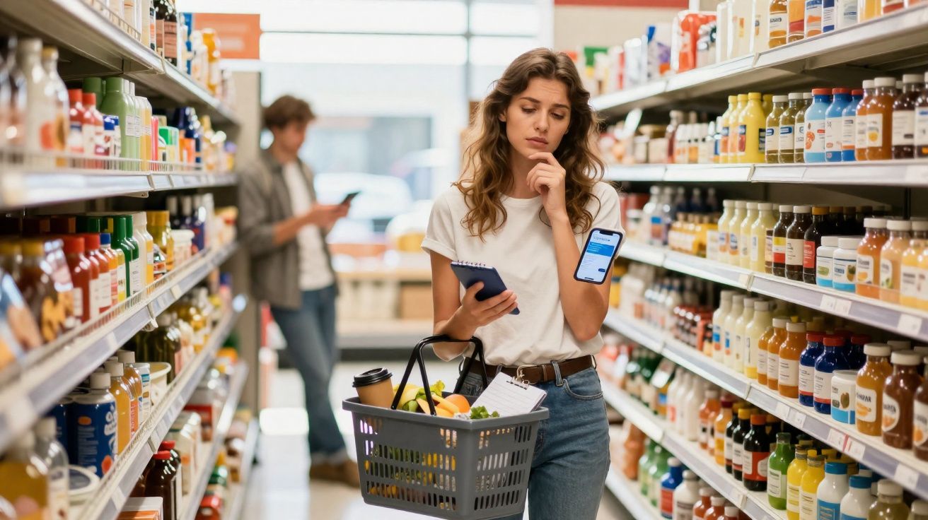 Mulher no supermercado com cesto, consultando lista e telemóvel enquanto escolhe produtos na prateleira.