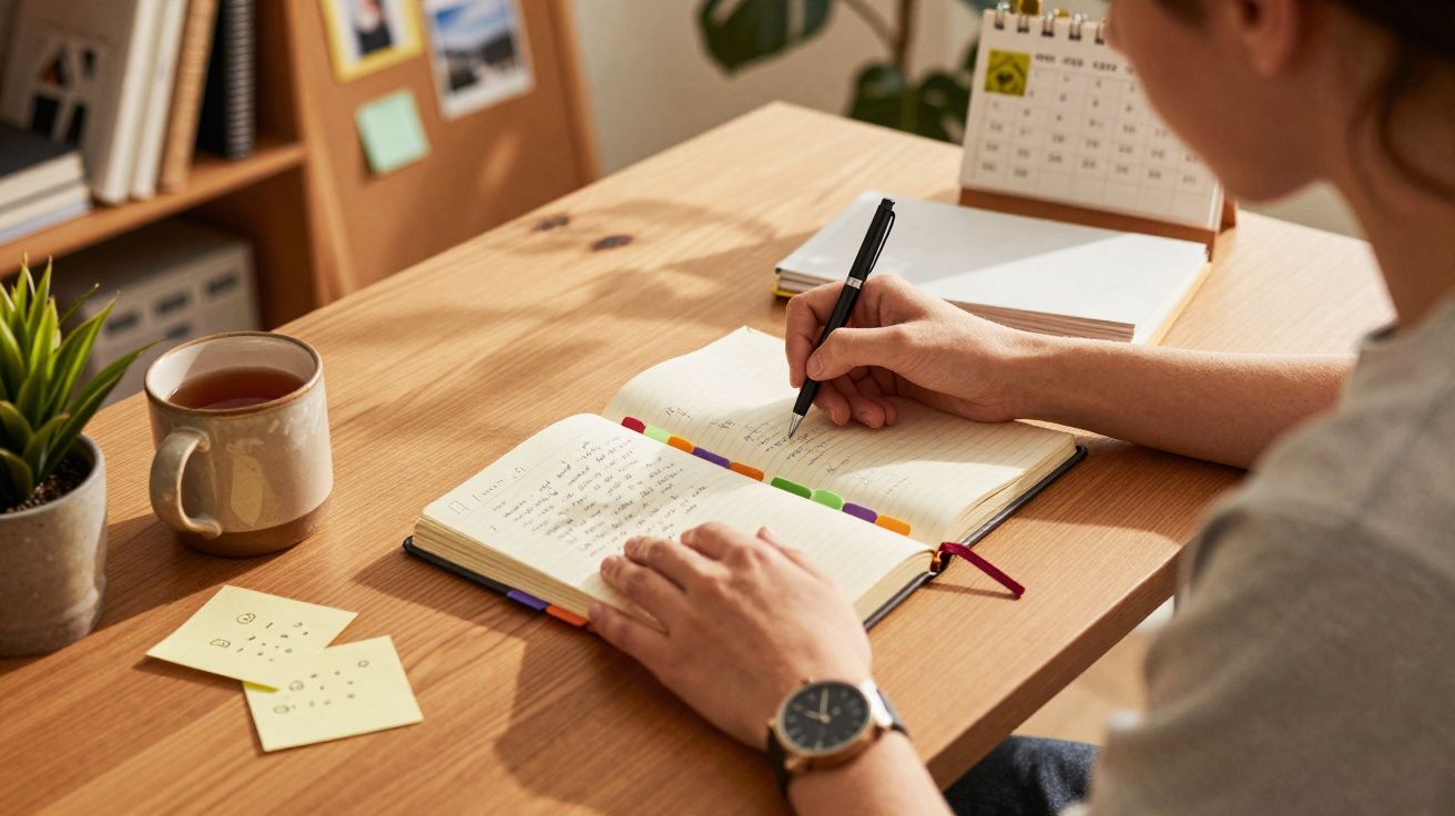 Pessoa a escrever notas num caderno numa secretária com chá, post-its e calendário ao fundo.