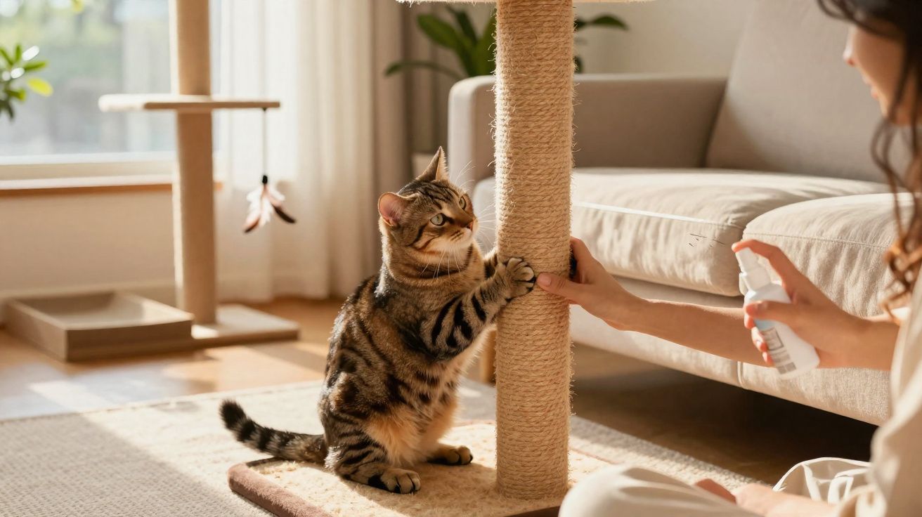 Gato riscando arranhador enquanto mulher aplica spray para manutenção do móvel em sala iluminada.