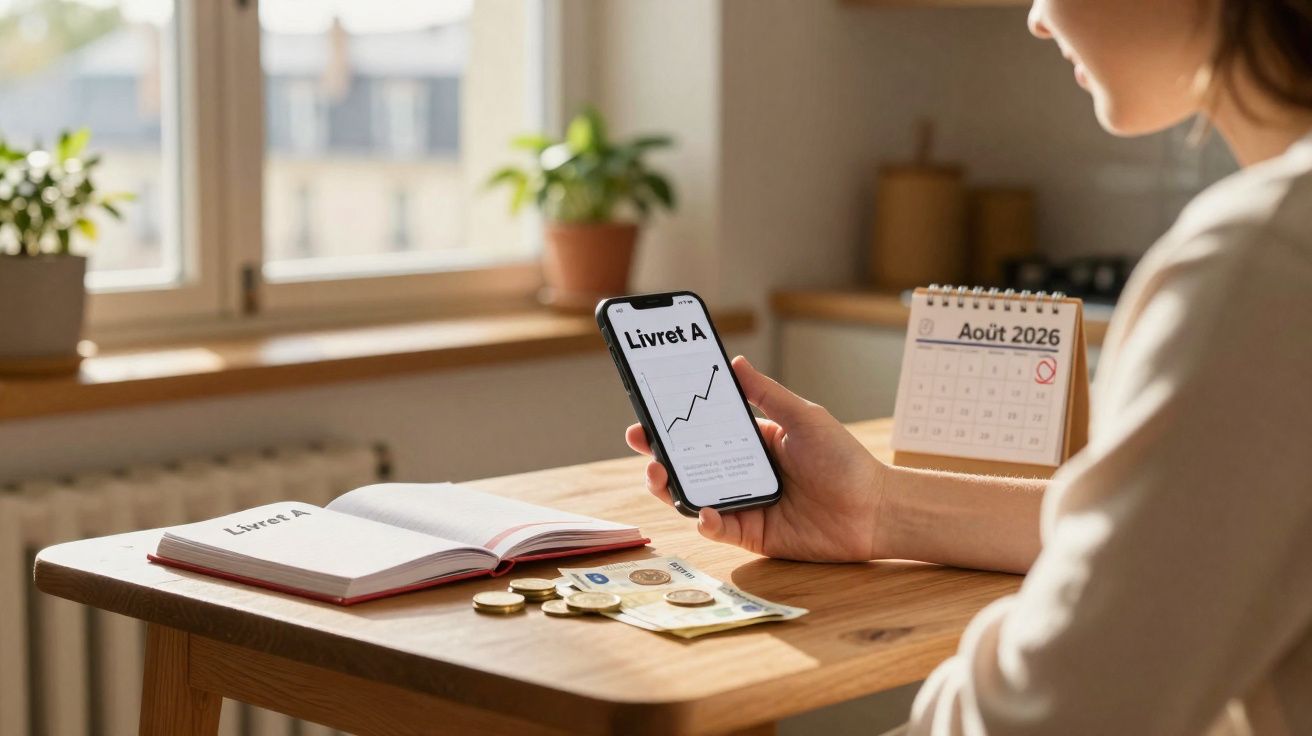 Pessoa a consultar saldo e gráfico de conta Livret A num telemóvel, com moedas, notas e calendário na mesa.