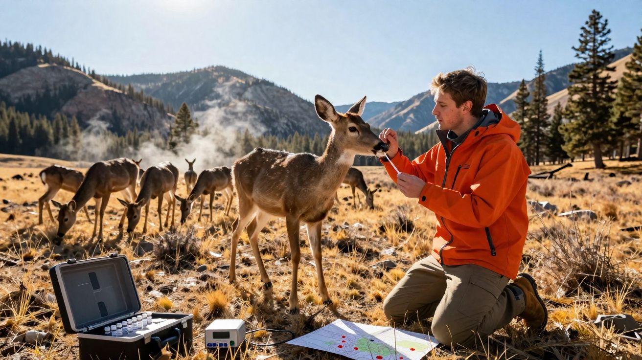 Homem em casaco laranja observa um veado numa área montanhosa com vários veados ao fundo.