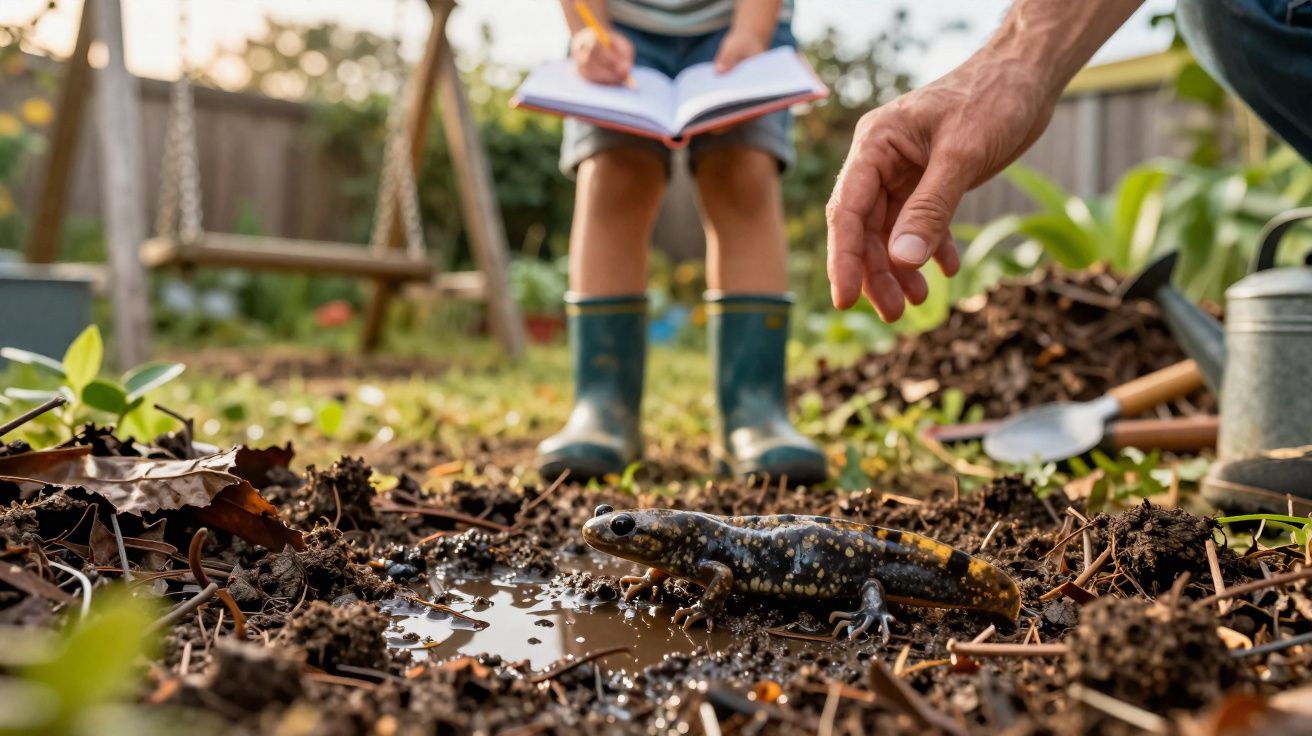 Salamandra num charco no jardim, com uma criança de botas e um adulto a observar com mão estendida.