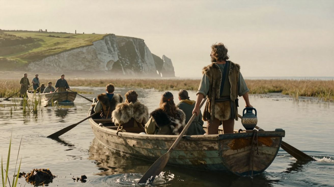 Grupo de pessoas em trajes antigos remando dois barcos em rio com falésia ao fundo.