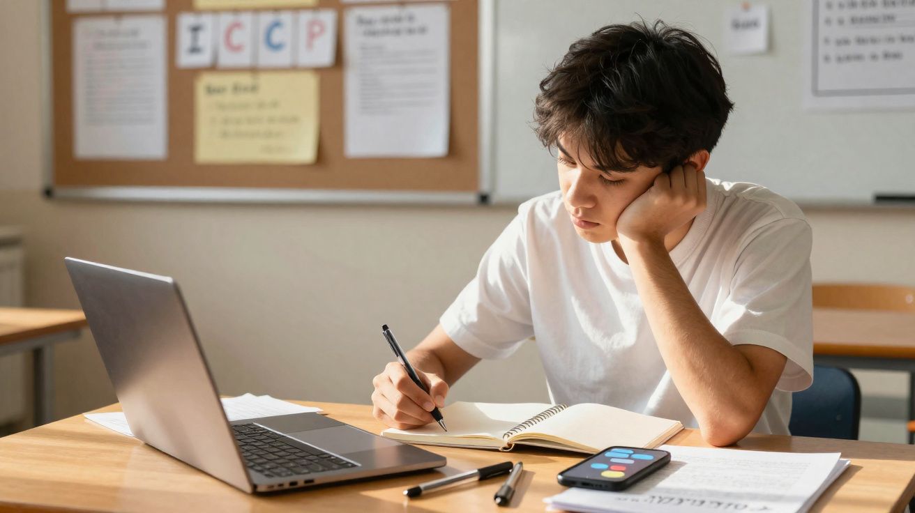 Estudante concentrado a escrever num caderno com portátil e smartphone numa mesa de estudo.